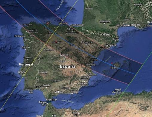 Mapa del eclipse solar atravesando España y el Mediterráneo